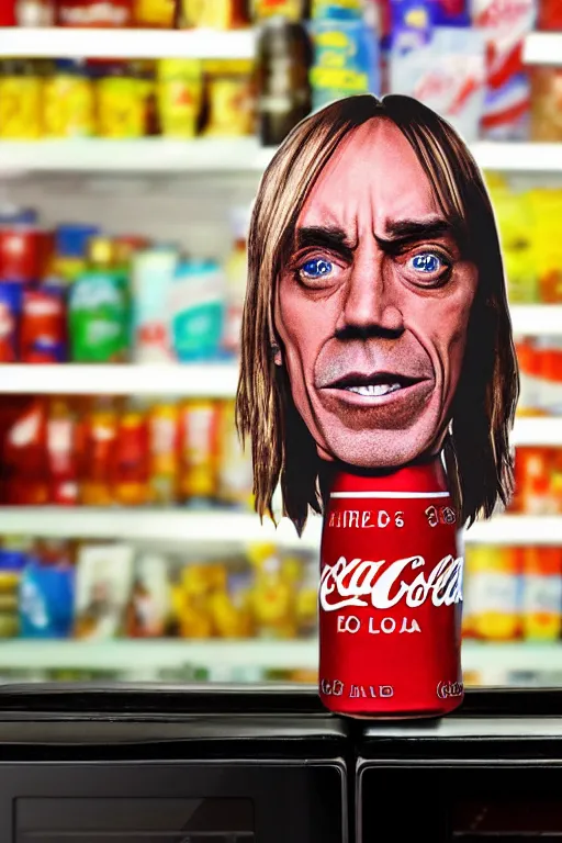 Image similar to a bottle of cola with iggy pop's head on it, in a store refrigerator