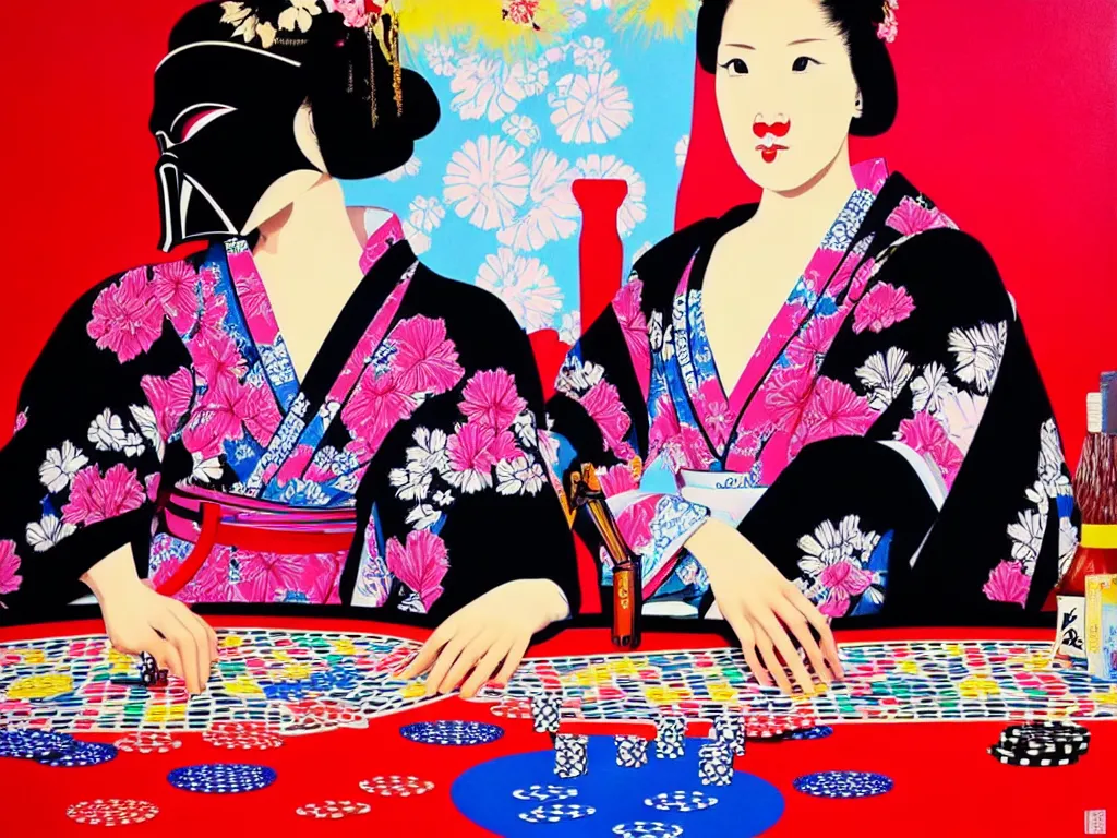 Image similar to hyperrealistic composition of the detailed woman in a japanese kimono sitting at a poker table with darth vader, fireworks, beautiful mountain in the background, pop - art style, jacky tsai style, andy warhol style, acrylic on canvas