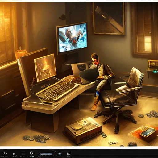 Image similar to realistic rich man using laptop in gaming room, money on floor, artstation trends, sci fi concept art, highly detailed, intricate, sharp focus, digital art, 8 k