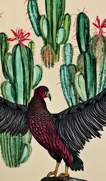 Prompt: Shen Quan's big turkey vulture sitting on cactus , hanging scroll, ink and colours on silk