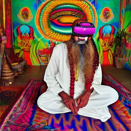 Image similar to An Indian Sadhu Saadhu wearing a cyberdelic psychedelic Oculus virtual reality headset sitting on a rug in a Dravidian temple, psionic powers