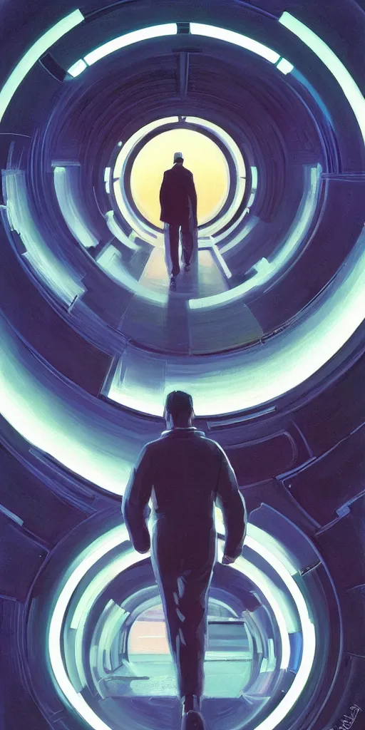 Image similar to a beautiful painting of a person walking out of a stargate by syd mead 8 k particulate neon light film grain