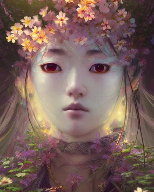 Prompt: japanese shrine maiden, perfect face, flowers, cinematic, highly detailed, psychedelic, digital painting, artstation, smooth, hard focus, illustration, art by jessica rossier and and brian froud