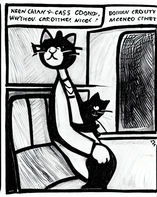 Prompt: a cat seated on the subway, cross-legged. White background. New Yorker cartoon. B&W. Black and white.