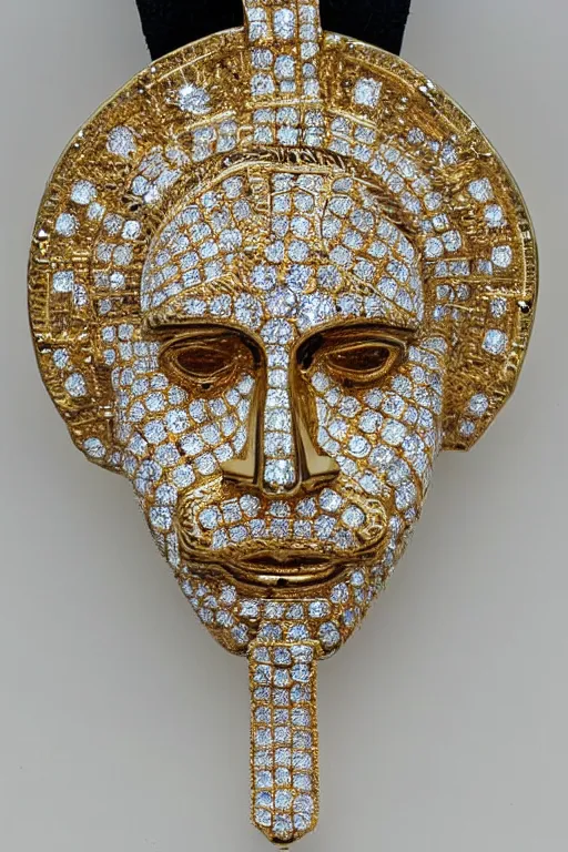 Image similar to diamond and gold pendant made in the shape of jesus's head with diamonds encrusted throughout the face in the style of hip hop jewelry