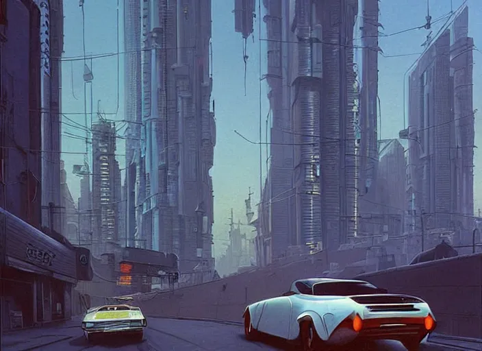 Image similar to a car driving down a street next to tall buildings the night at 10:00 am, cyberpunk art by Chesley Bonestell, cgsociety, retrofuturism, matte painting, reimagined by industrial light and magic