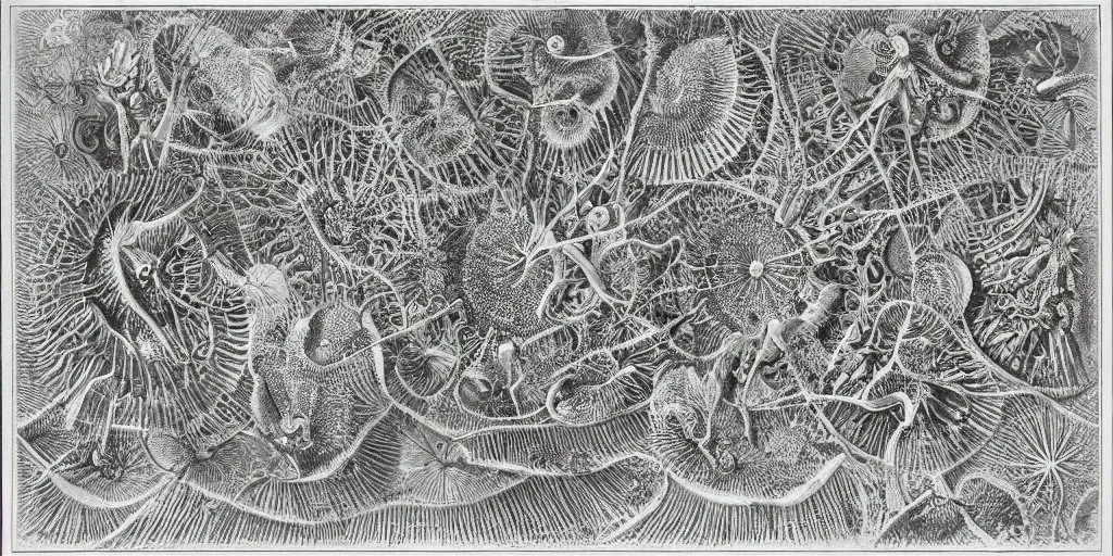 Image similar to Artwork by Ernst Haeckel of the cinematic view of a giant diatom forest.