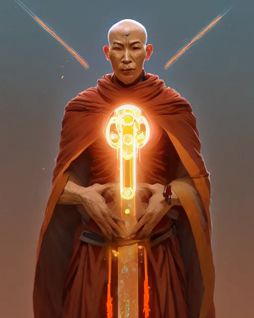 Image similar to a cyborg warrior monk meditating, wearing a flowing cloak, cyborg hardware, 3 d render, octane, zbrush, painting, artstation, concept art, smooth, sharp focus, illustration, art by artgerm and greg rutkowski and alphonse mucha