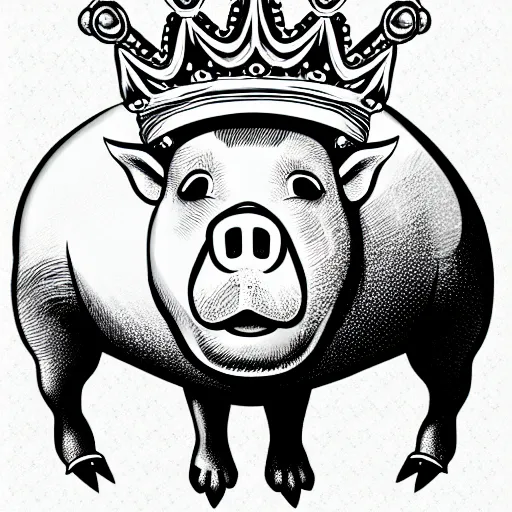 Image similar to standing pig wearing a gold crown on it's head black and white illustration concept art in the style of Arthur Adams, full body 8k