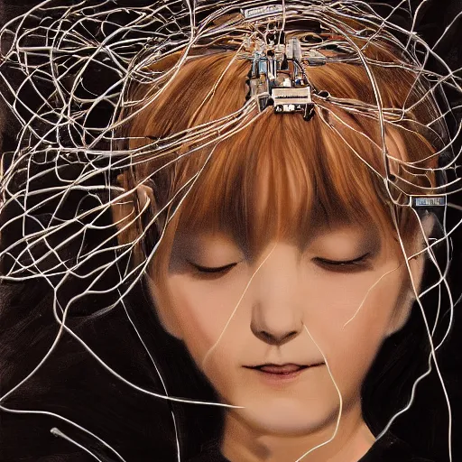 Image similar to beautiful pure evil lain with hundreds of wires coming out of her head, she is in pure bliss, portrait, painting