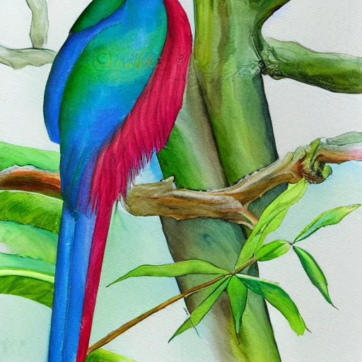 Prompt: A painting of a Resplendant Quetzal on a white background, watercolour, pastel colours,