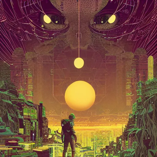 Prompt: Stunningly intricate illustration of single cyberpunk explorer overlooking lush forest, highly detailed, midnight, small glowing orbs by Victo Ngai and James Gilleard , Moebius, Laurie Greasley