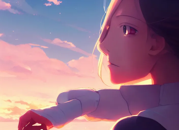 Prompt: side portrait of cute girl, sunset sky in background, beach landscape, illustration concept art anime key visual trending pixiv fanbox by wlop and greg rutkowski and makoto shinkai and studio ghibli and kyoto animation, futuristic aerodynamic wheelchair, symmetrical facial features, future clothing, volumetric lighting, backlit