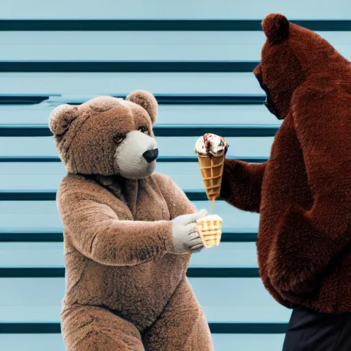 Image similar to a creepy man in a furry bear suit spying on Barack Obama eating a ice cream cone made of cheese, 35mm stock, highly detailed, HDR, ray tracing