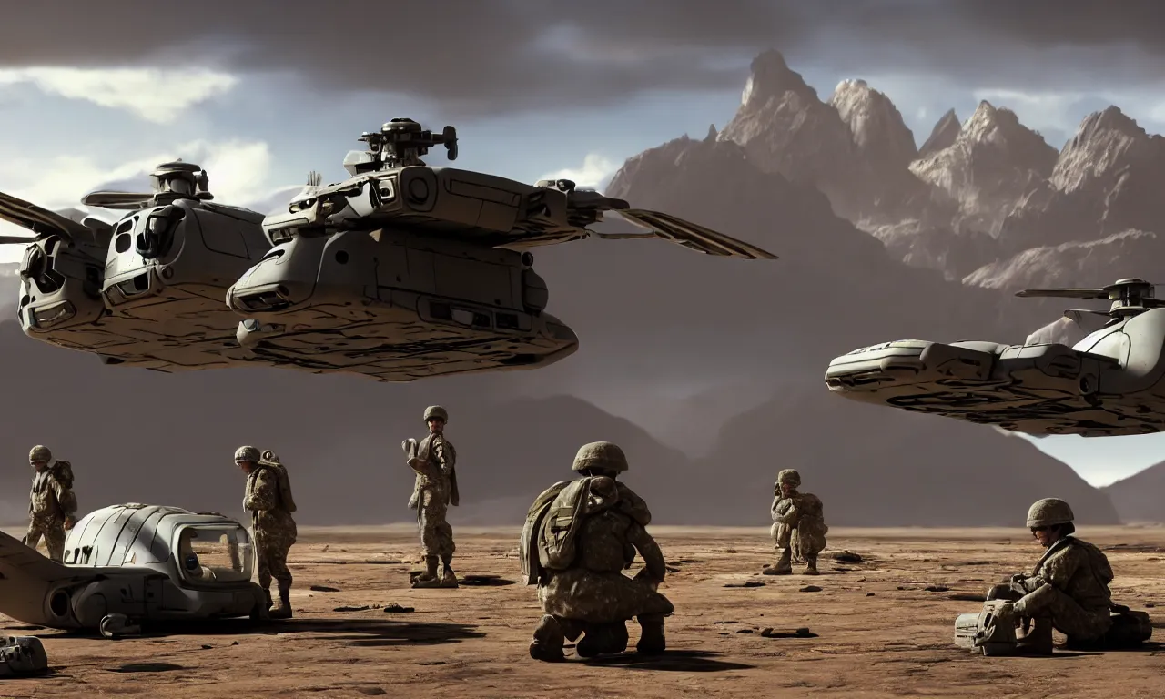 Prompt: sitting small dog watching tired soldiers repairing complicated flying hovercraft in colorful futuristic landscape, dramatic shadows cast on reflective dirty ground, with mountains in background, volumetric lighting, subsurface scattering, dramatic lighting, high detail, from new scifi by digital domain and weta digital, strong ambient occlusion