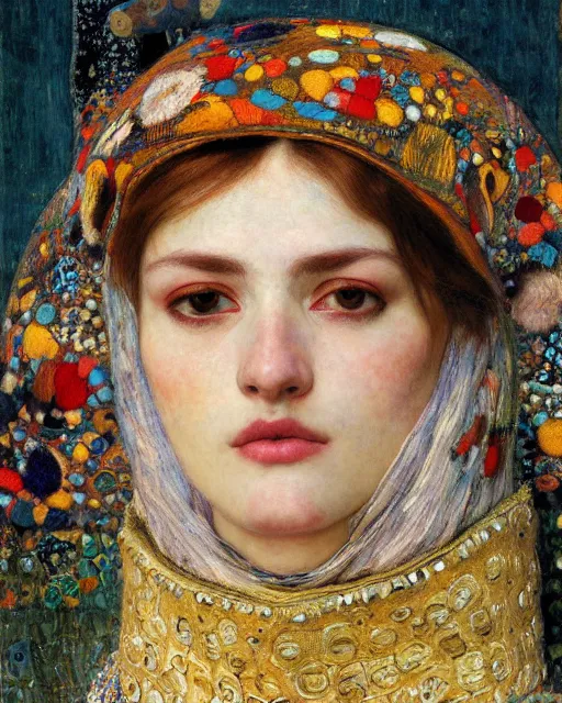 Image similar to a close up of beautiful wearing a balaclava surrounded by colourful intricate patterns, by gustave klimt edgar maxence and caravaggio and michael whelan, intricate painting, hyper realistic, extremely detailed and beautiful aesthetic face, 8 k resolution