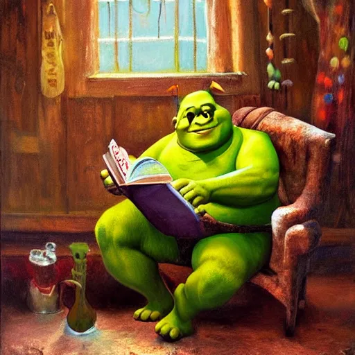 Image similar to !dream happy Shrek with brown hair sitting by the fireplace, reading a book, drinking tea, in a comfortable chair, cozy atmosphere, home, warm hues, oil painting, realistic