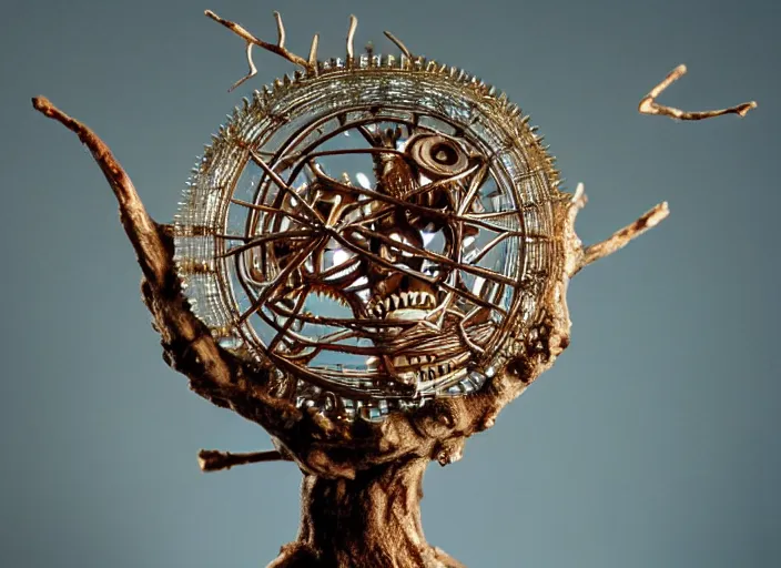 Prompt: 35mm photo of an (intricate!! Mechanical apple that has transparent skin!! and lots of gears visible inside!!), growing off a tree branch. very detailed, 8k, fantasy horror, award winning