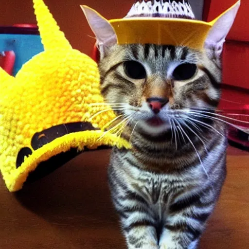 Prompt: tabby cat wearing the nacho sombrero from the despicable me