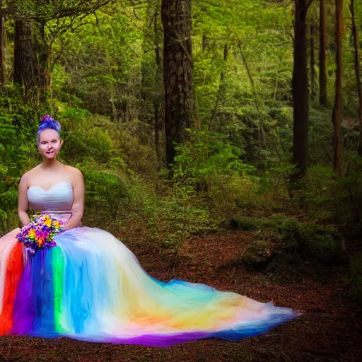 Prompt: a hyperrealistic photo of melynda moon, sitting in a colorful forest during the sunrise, wearing a long rainbow wedding gown