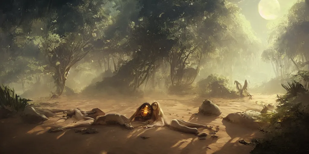 Prompt: jungle in the sands sleeping unbroken dreams under the ivory light of two moons, Darek Zabrocki, Marcin Rubinkowski, Lorenzo Lanfranconi, Karlkka, trending on Artstation, 8K