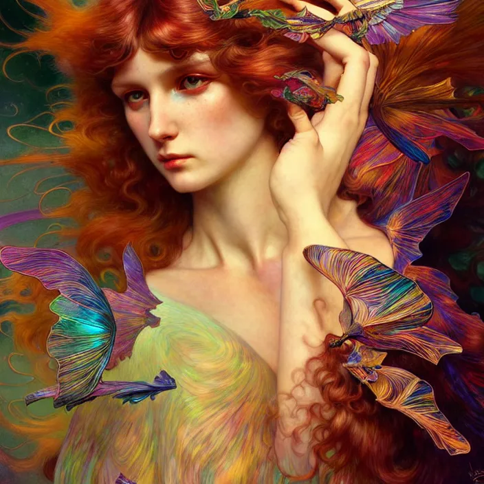 Image similar to psychedelic wings, diffuse lighting, fantasy, intricate, elegant, highly detailed, lifelike, photorealistic, digital painting, artstation, illustration, concept art, smooth, sharp focus, art by John Collier and Albert Aublet and Krenz Cushart and Artem Demura and Alphonse Mucha