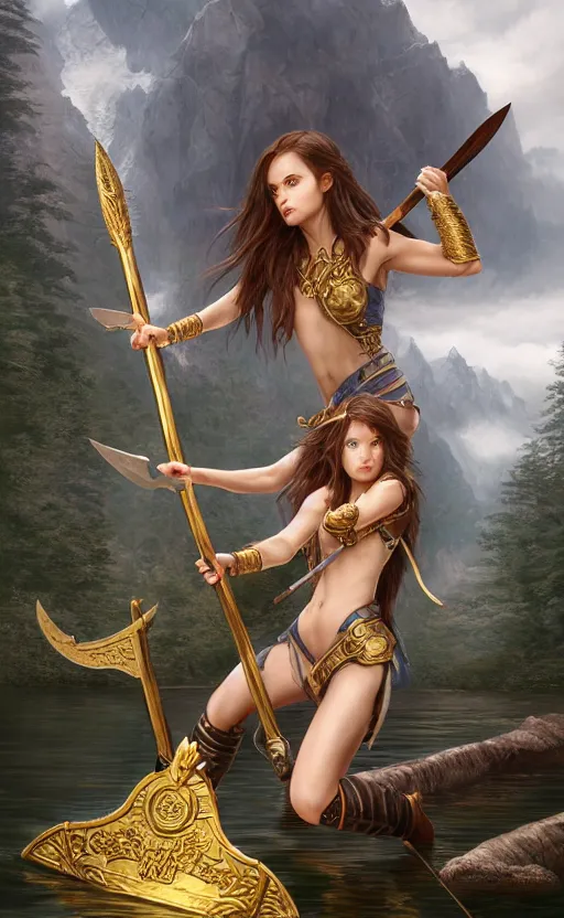 Image similar to lake godness holding gold axe and sliver axe, highly detailed, d & d, water everwhere fantasy, highly detailed, digital painting, trending on artstation, concept art, sharp focus, global illumination, ray tracing, illustration, art by artgerm and greg rutkowski and fuji choko and viktoria gavrilenko and hoang lap