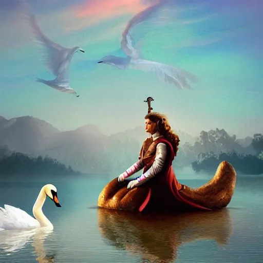 Image similar to prince riding a giant swan in the lake, trending on artstation