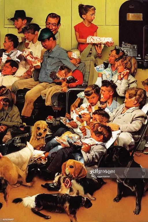 Image similar to ten dogs watching a movie at movie theater eating popcorn painted by norman rockwell