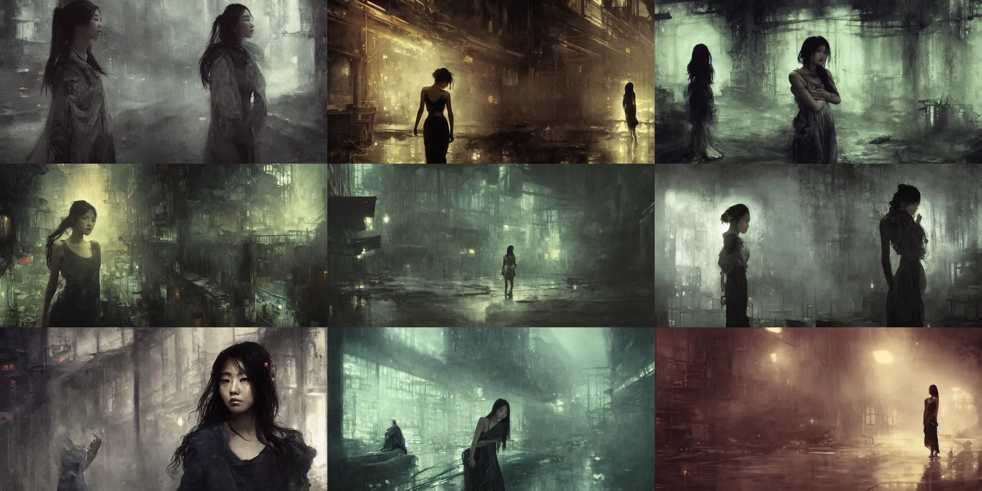 Prompt: a beautiful young asian woman in abandoned industrial city at night, dark moody lighting, by jeremy mann and alphonse mucha, dramatic lighting, ethereal, stunning, breathtaking, awe - inspiring award - winning, 8 k