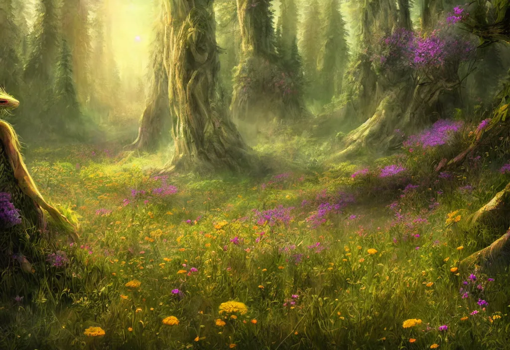 Prompt: an alien flowering meadow a forest behind it, epic fantasy, detailed, intricate, digital painting, concept art, realistic, smooth, focus, rim light