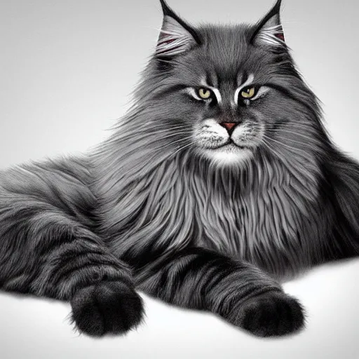 Image similar to a big old menacing dark grey maine coon cat with white belly, white paws and white face markings with long fur and fluffy tail, sitting, intricate, elegant, highly detailed, digital painting, artstation, concept art, matte, sharp focus, illustration, art by Artgerm and Greg Rutkowski and Alphonse Mucha