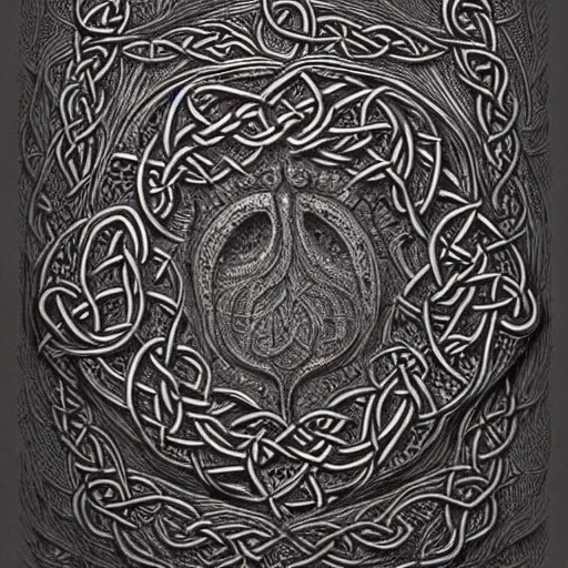 Image similar to Intricate and highly detailed Celtic Knotwork etched in an ancient tree, intricate, highly detailed, fullbody, artstation, dark fantasy, horror, Silent Hill game, concept art, smooth, sharp focus, illustration, art by greg rutkowski and orientalism and bouguereau and Zdzislaw Beksinski, good clear quality, lighting, biology, symmetrical artwork, perfect face, 135 mm, cinematic, hyper realism, high detail, octane render, 8k, chrome accents