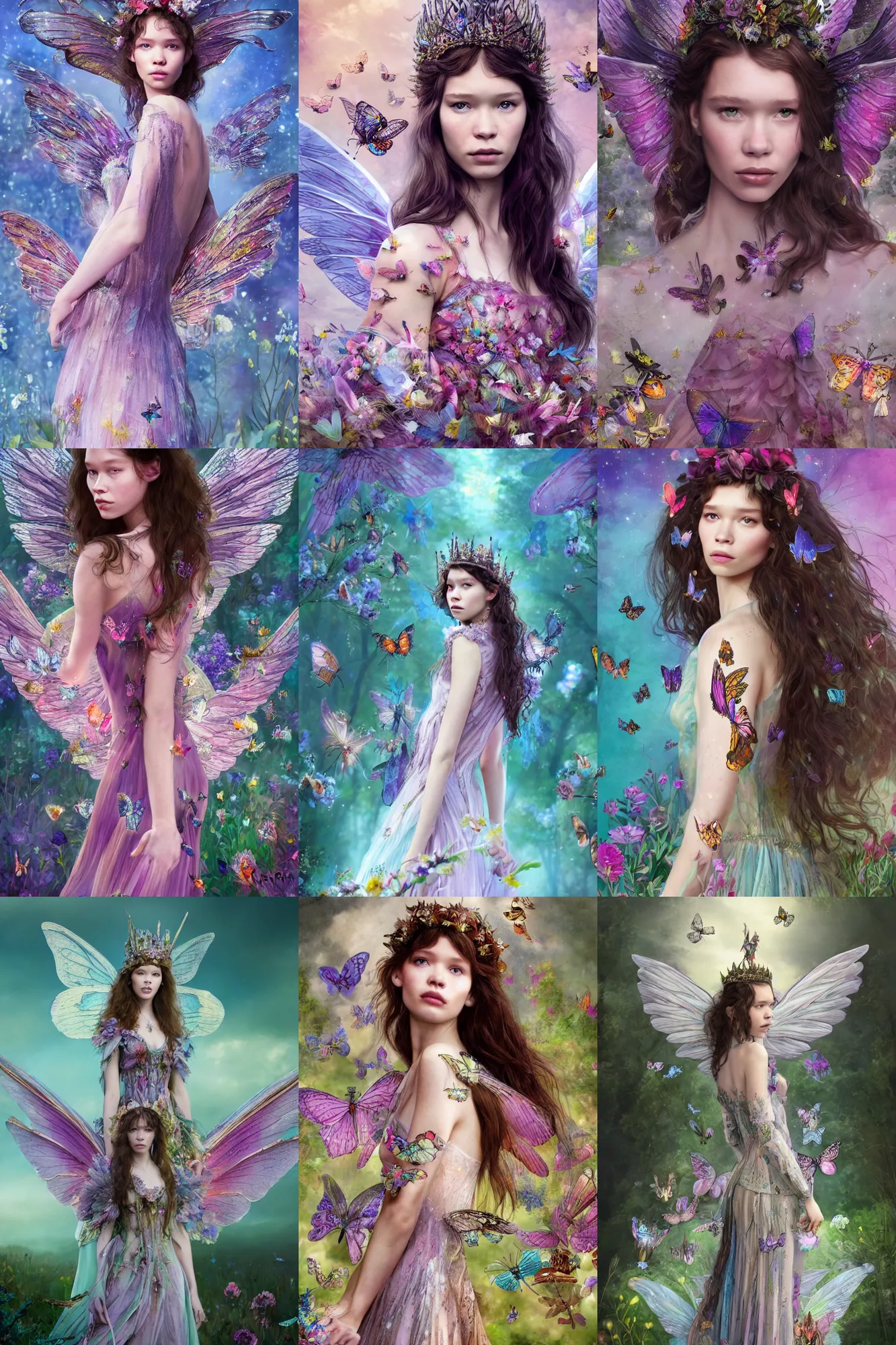 Prompt: astrid berges frisbey as queen of the faries. large wings grow from her back. she is facing the camera. frontal facing. digital illustration. wearing a dress made out of flowers and butterflies. pixies surround her. trending on art station, low detail, dreamy, vivid colours.