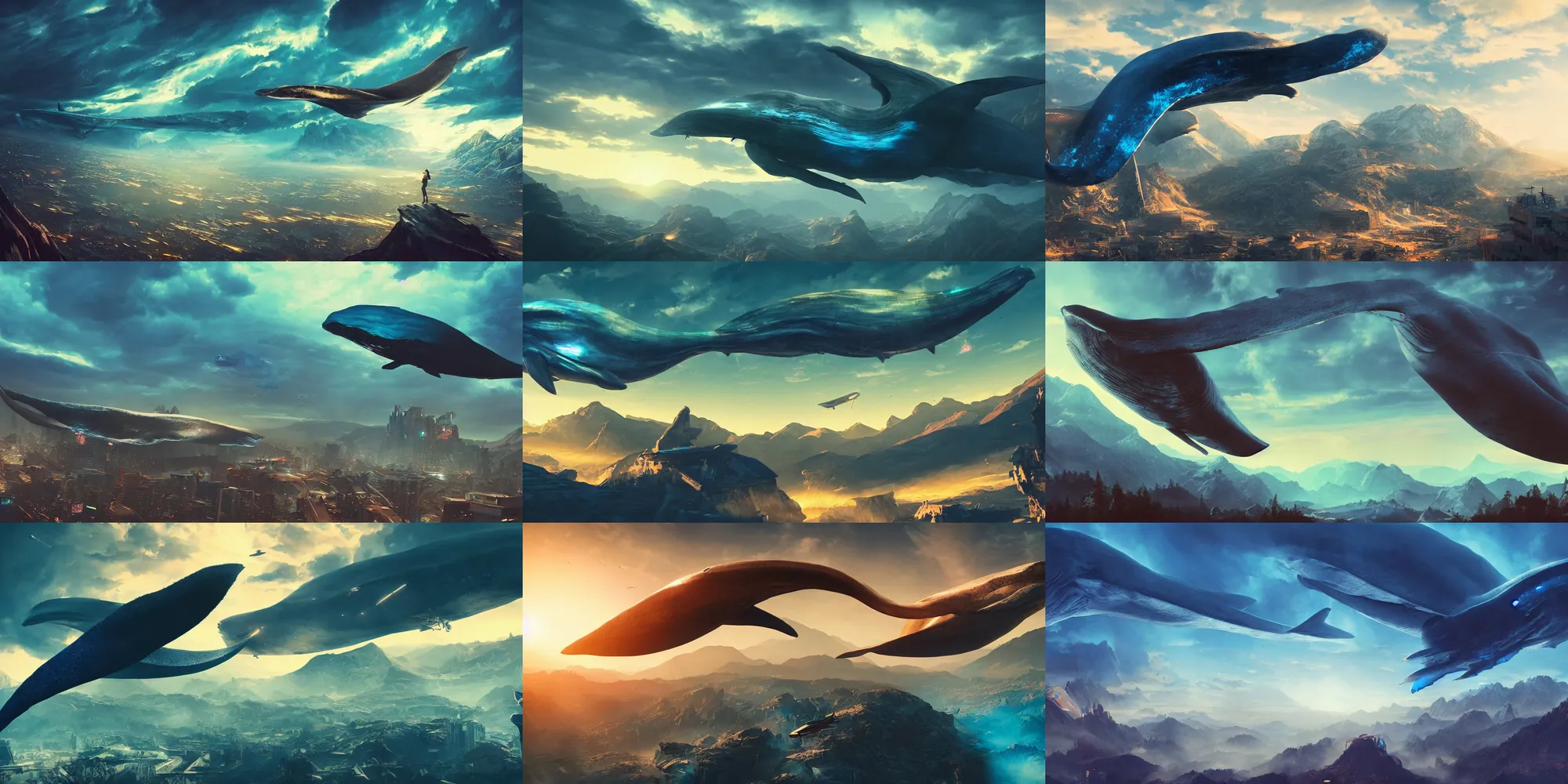 Prompt: a cyberpunk blue whale is flying high in the sky above the mountains, epic, surreal, cinematic shot, golden hour, artstation, deviantart, dreamy atmosphere, high definition