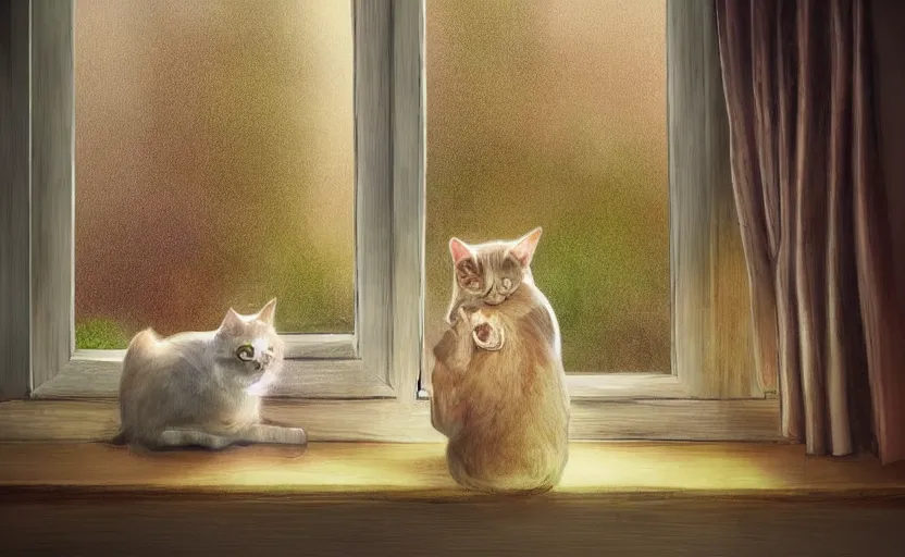 Prompt: cat on window, inside house in village, calm, warm, cozy, digital art, sweet home, cute, naive, detailed