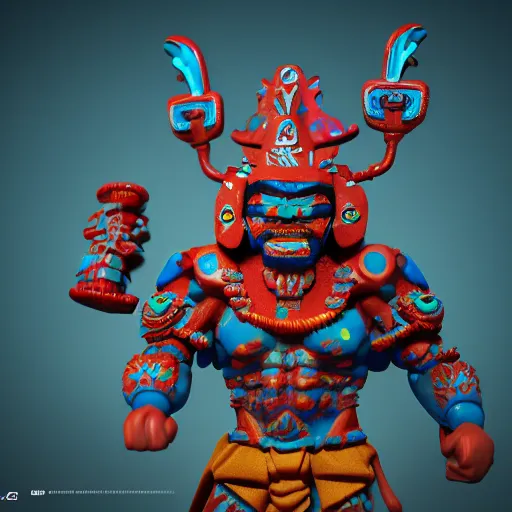 Image similar to closeup 3 d toy aztec gods as funco toy, plastic, sss, octane 4 k render, studio lighting, artstation, cyan photographic backdrop, 8 5 mm, f 2. 8 aperture