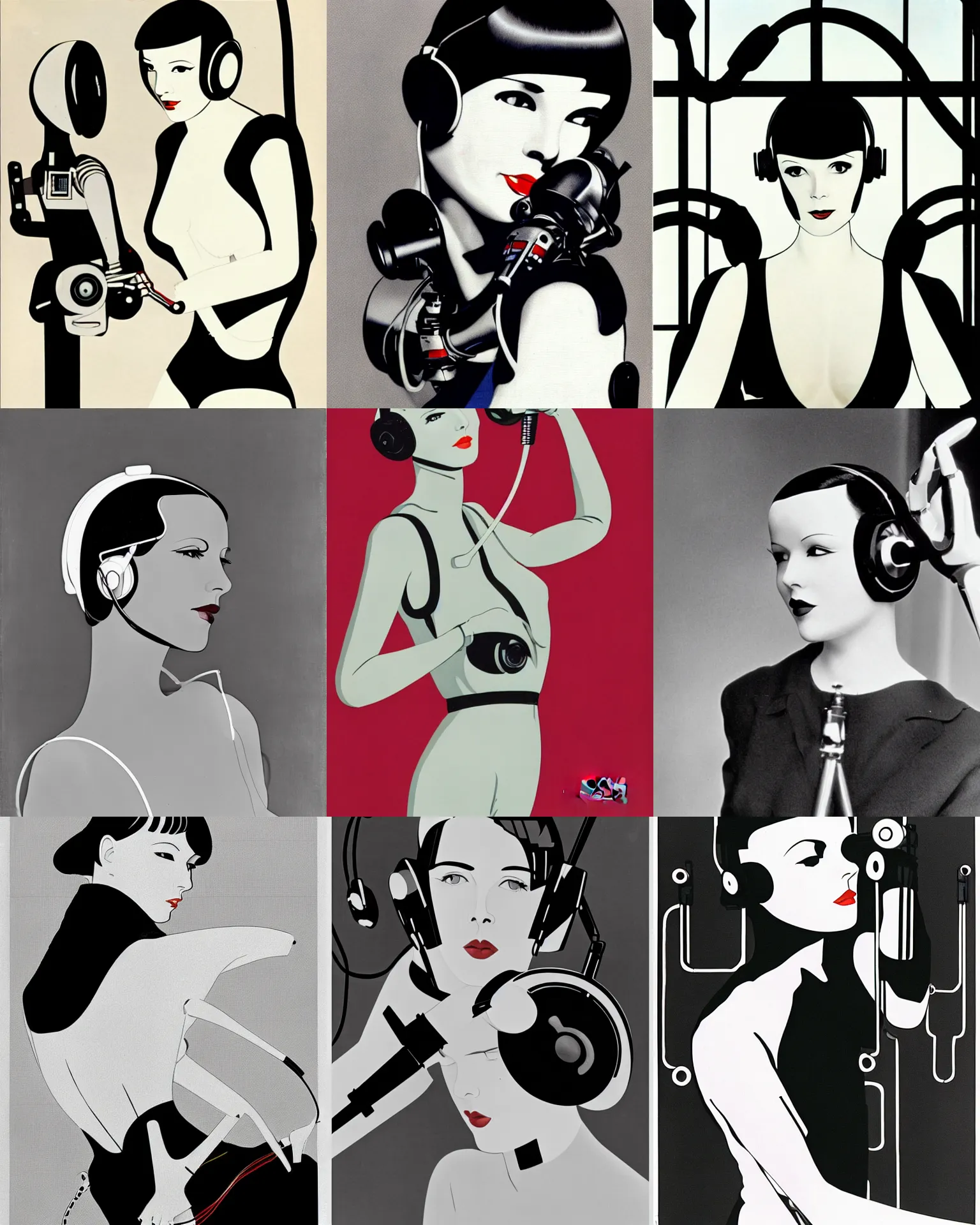 Prompt: mary louise brooks wearing headphones, repairing her own robot arm, chrome clothes, airbrush, robot arms, by patrick nagel, art deco style