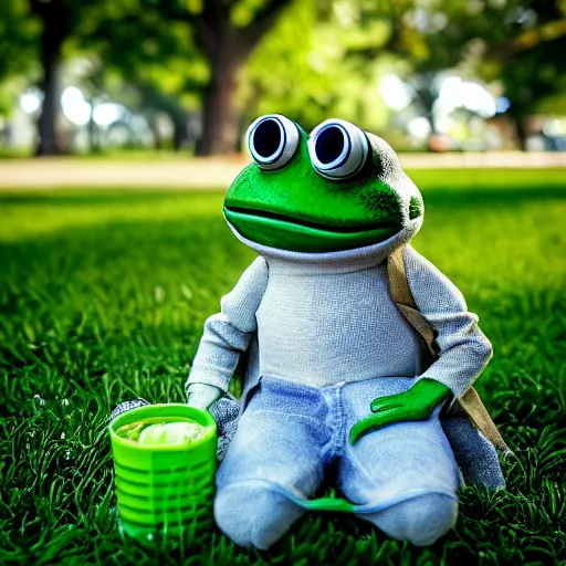 Image similar to Pepe the Frog. Pepe the Frog sitting on a picnic in the park. 35mm, focused, soft lights, International Photography Awards, photo by Steve Hanks, Pepe-art