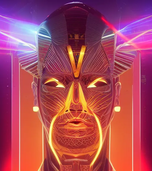 Image similar to symmetry!! egyptian god of technology, solid cube of light, hard edges, product render retro - futuristic poster scifi, lasers and neon circuits, brown skin egyptian god, intricate, elegant, highly detailed, digital painting, artstation, concept art, smooth, sharp focus, illustration, dreamlike, art by artgerm