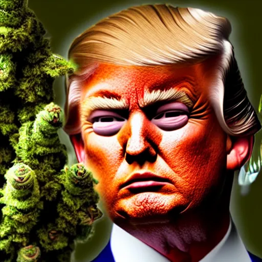 Image similar to close up photograph of very high on weed donald trump, stoner eyes, donald trump smoked weed, weed background, 8 k resolution