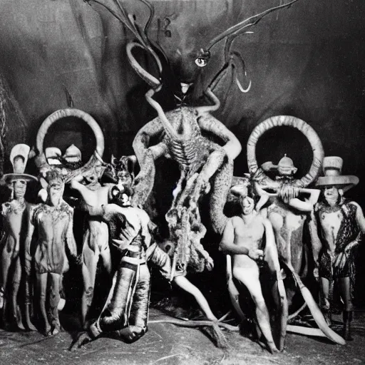 Prompt: historic photo, epic image of a Lovecraft circus with otherworldly beasts