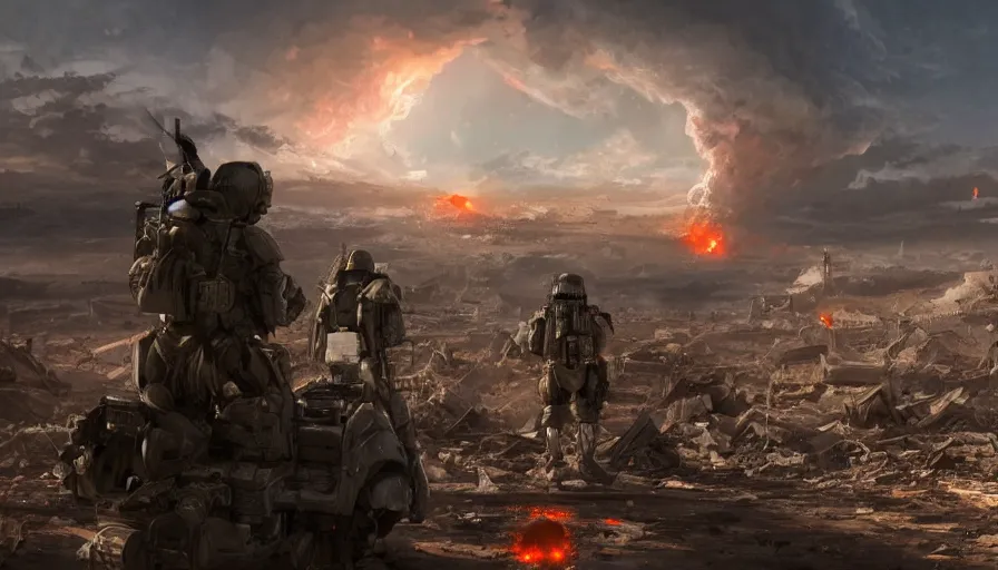 Image similar to troops in las vegas ruins looking at nuclear explosion in the distance, nuclear cloud, hyperdetailed, artstation, cgsociety, 8 k