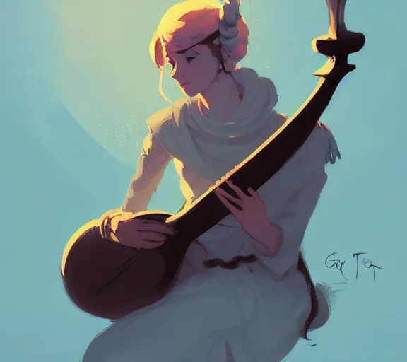 Image similar to portrait a bard with a lute sitting under the tree dnd character by atey ghailan, by greg rutkowski, by greg tocchini, by james gilleard, by joe fenton, by kaethe butcher, dynamic lighting, gradient light blue, brown, blonde cream and white color scheme, grunge aesthetic