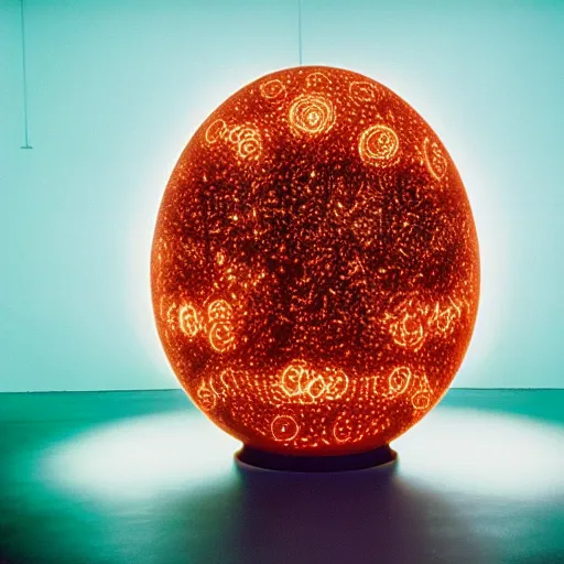 Image similar to annie liebowitz portrait of a plasma energy tron dinosaur egg constructed of glowing electric spirals and patterns. cinestill