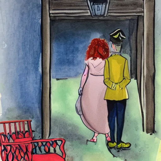 Image similar to so she came around the corner, peeked and just about caught a glimpse of the disappearing carriage leaving the scene of the mystery gouache painting illustration