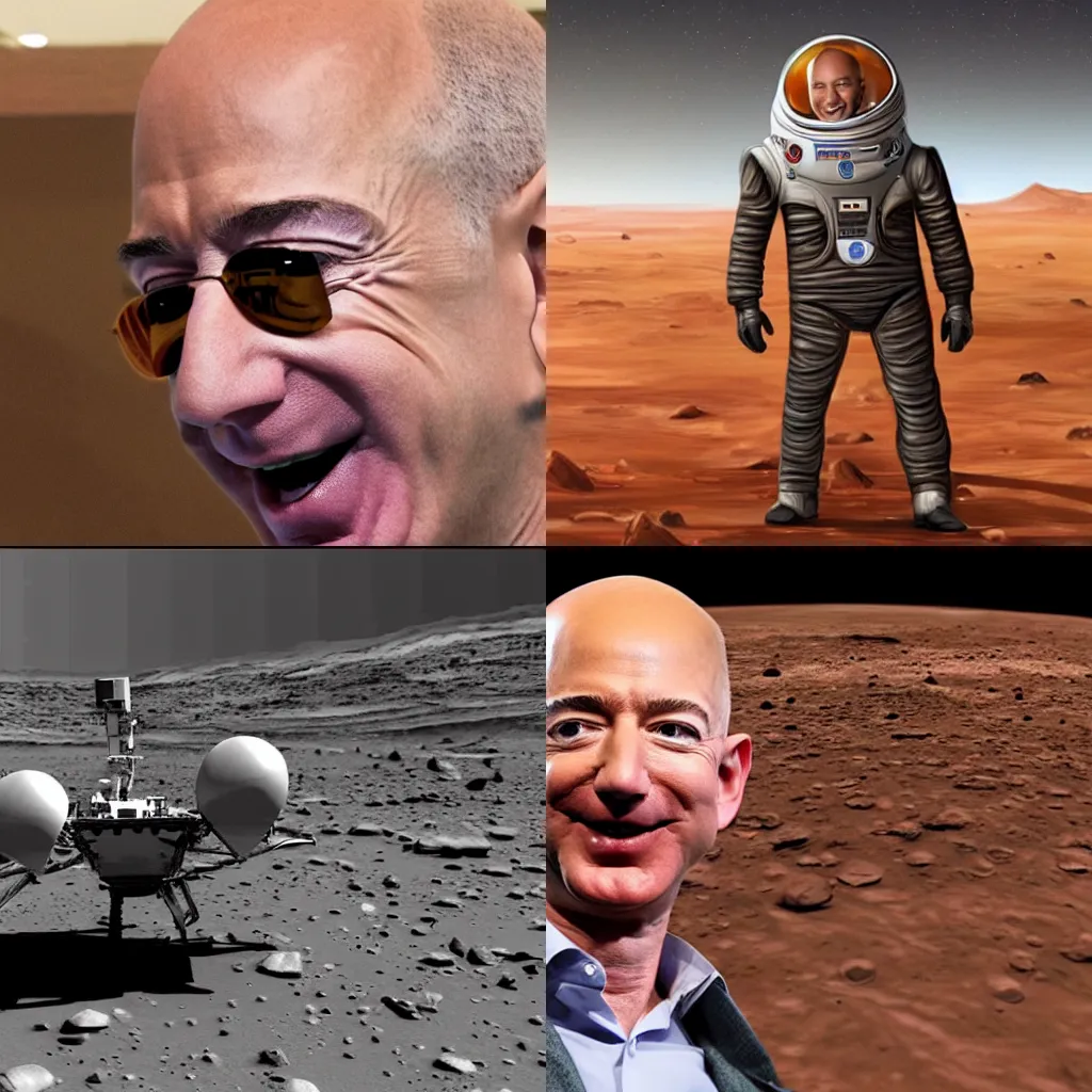 Prompt: Jeff Bezos on the surface of Mars. He is laughing like Dr Evil.