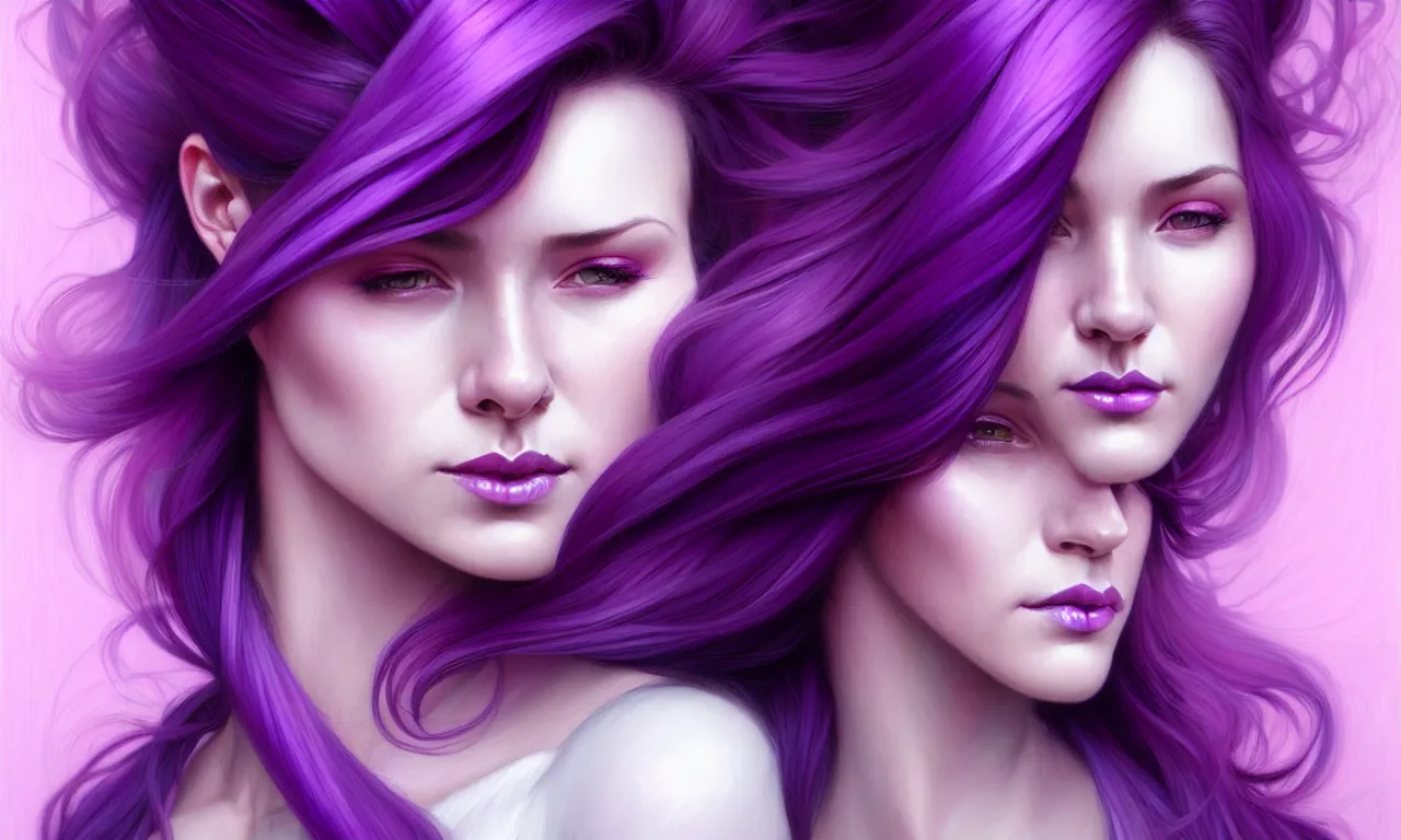 Image similar to Purple hair relistic Portrait of a two woman with bright colored flying hair, all shades of purple. Beauty face, Hair coloring, fantasy, intricate, elegant, highly detailed, digital painting, artstation, concept art, smooth, sharp focus, illustration, art by artgerm and greg rutkowski and alphonse mucha