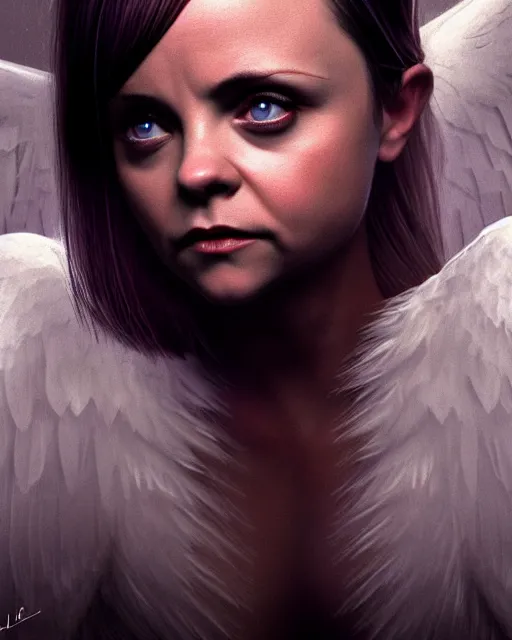 Image similar to Full body potrait of christina Ricci as an angel, hyper realistic, prismatic highlights, atmosphere, gorgeous, depth of field, cinematic, macro, concept art, 50mm, artstation, wlop, elegant, epic, weta digital, focus, octane render, v-ray, 8k, kodak portra, art by Liberatore