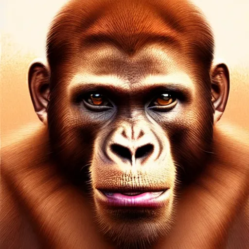 Image similar to africa, beautiful portrait of a very funny actor tom cruise playing with ginger red big monkey, face like monkey, emma watson actress blended monkey face, ape, powerful, dramatic lighting, intricate, wild, highly detailed, digital painting, cinematic, artstation, concept art, sharp edges and focus, illustration, art by artgerm and greg rutkowski and alphonse mucha